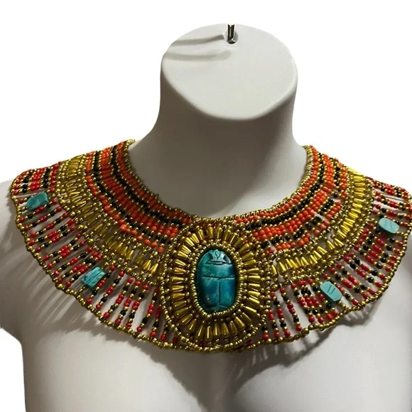 Ancient Egyptian Revival Beaded Scarab Collar
Necklace Handmade Statement Piece - Picture 2 of 9